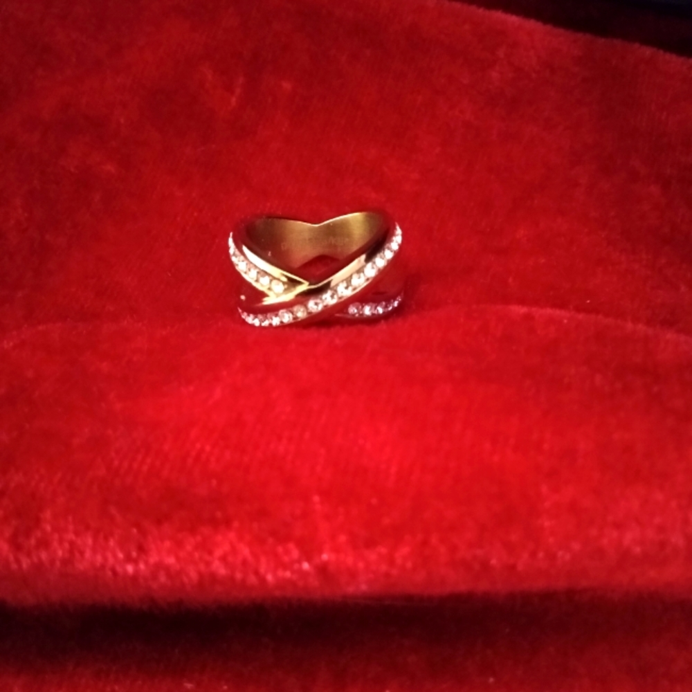 Nagyz ii ring by Dyrberg & Kern brass faceted white crystal with X design sz 5